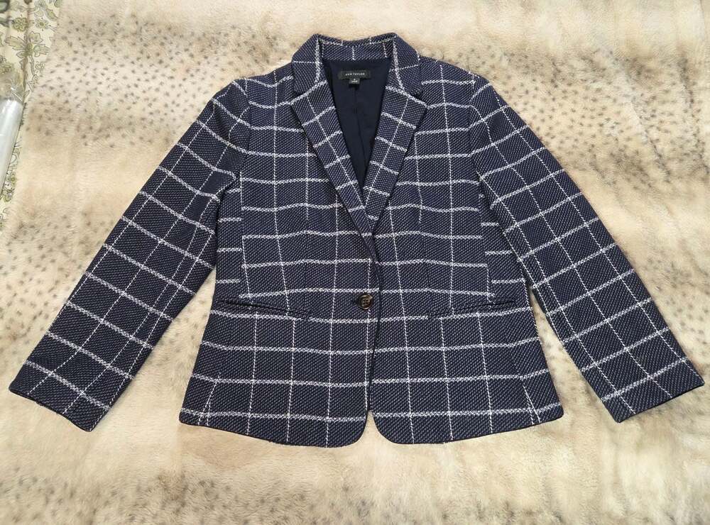 Ann Taylor Navy Windowpane Plaid Blazer Cotton Blend Size 10 Preppy Officecore